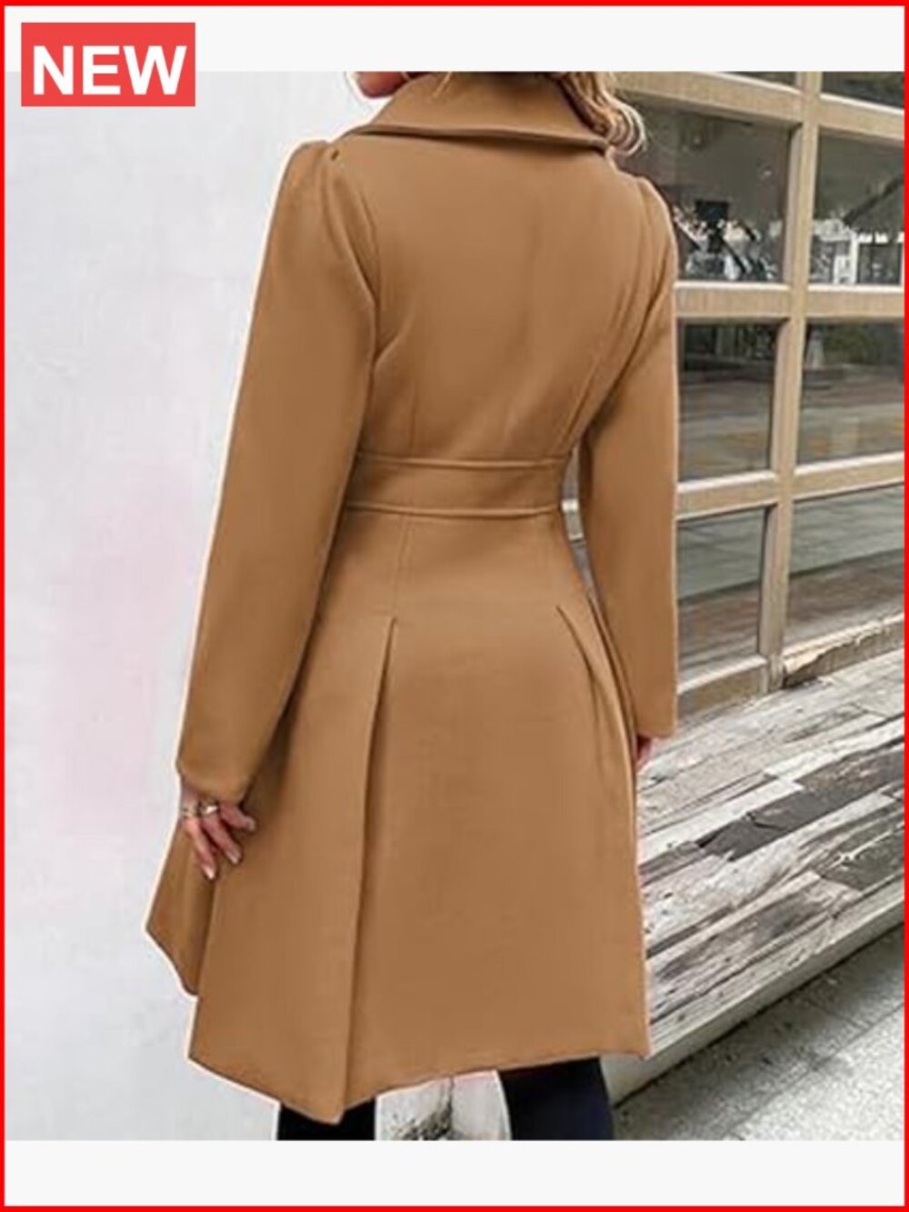 Double Breasted Pea Coat Notch Lapel A-Line Flared Pleated Wool Blend with - Picture 4 of 5